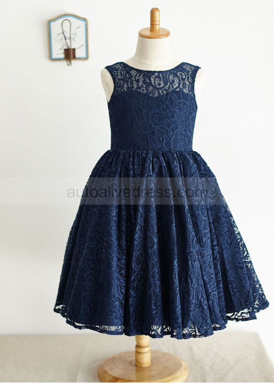 Navy Blue Lace Deep V Back Knee Length Flower Girl Dress